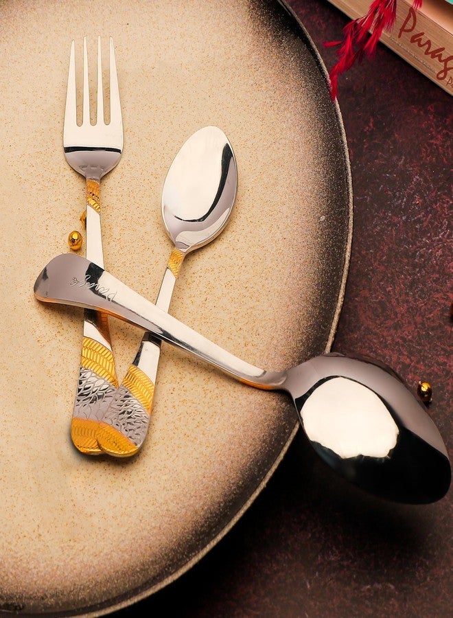 Parage 18 Pieces Stainless Steel 24K Golden Cutlery Set | Luxury 24 Karat Gold Plated Flatware for Home & Kitchen | 6 Table Spoons, 6 Forks & 6 Tea Spoons - Image 5